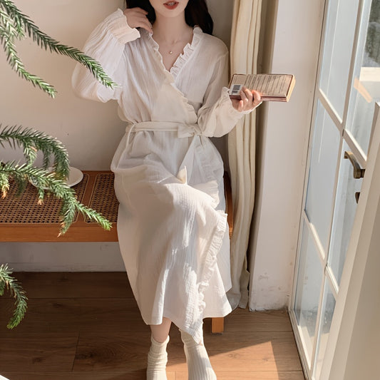 Lightweight Long Sleeve Bathrobe - Exquisite Elegant Design with Delicate Vintage Ruffle Trim, Chic Sweet INS Inspired Style, Pure White Color, Ultra Comfortable and Versatile for All Seasons - Designed for Women, Perfect for Sleepwear and Homewear