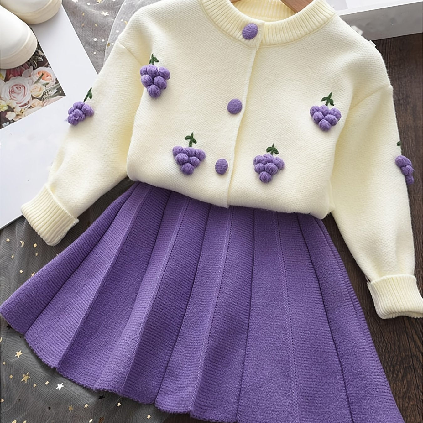 Girls Knit Cardigan Sweater & Pleated Skirts Set Baby Kids Clothes For Spring Fall