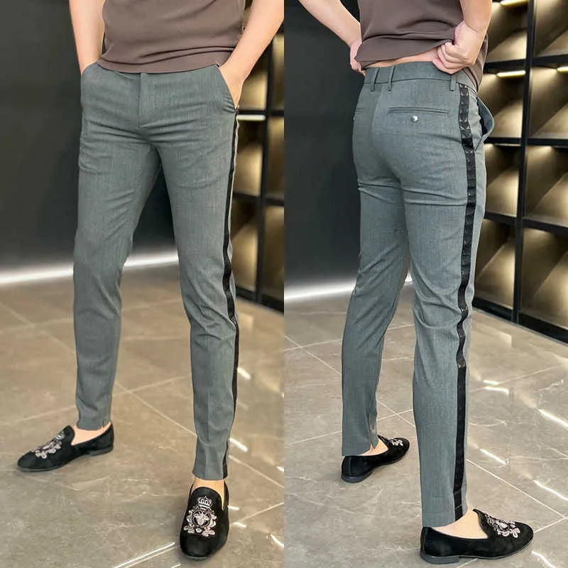 Mens Pants Business casual pants men's new autumn side slit trousers with slim slim straight nine-minute trousers Q240617