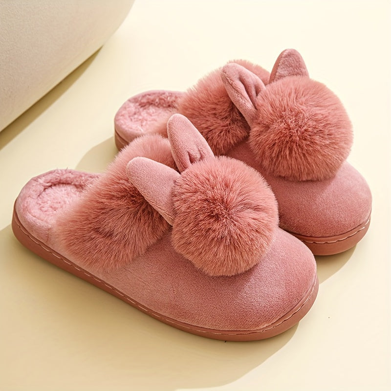 Warm Plush Rabbit Cartoon Slippers - Fabric Upper & Lining, PVC Sole, Hand Washable Cozy House Shoes