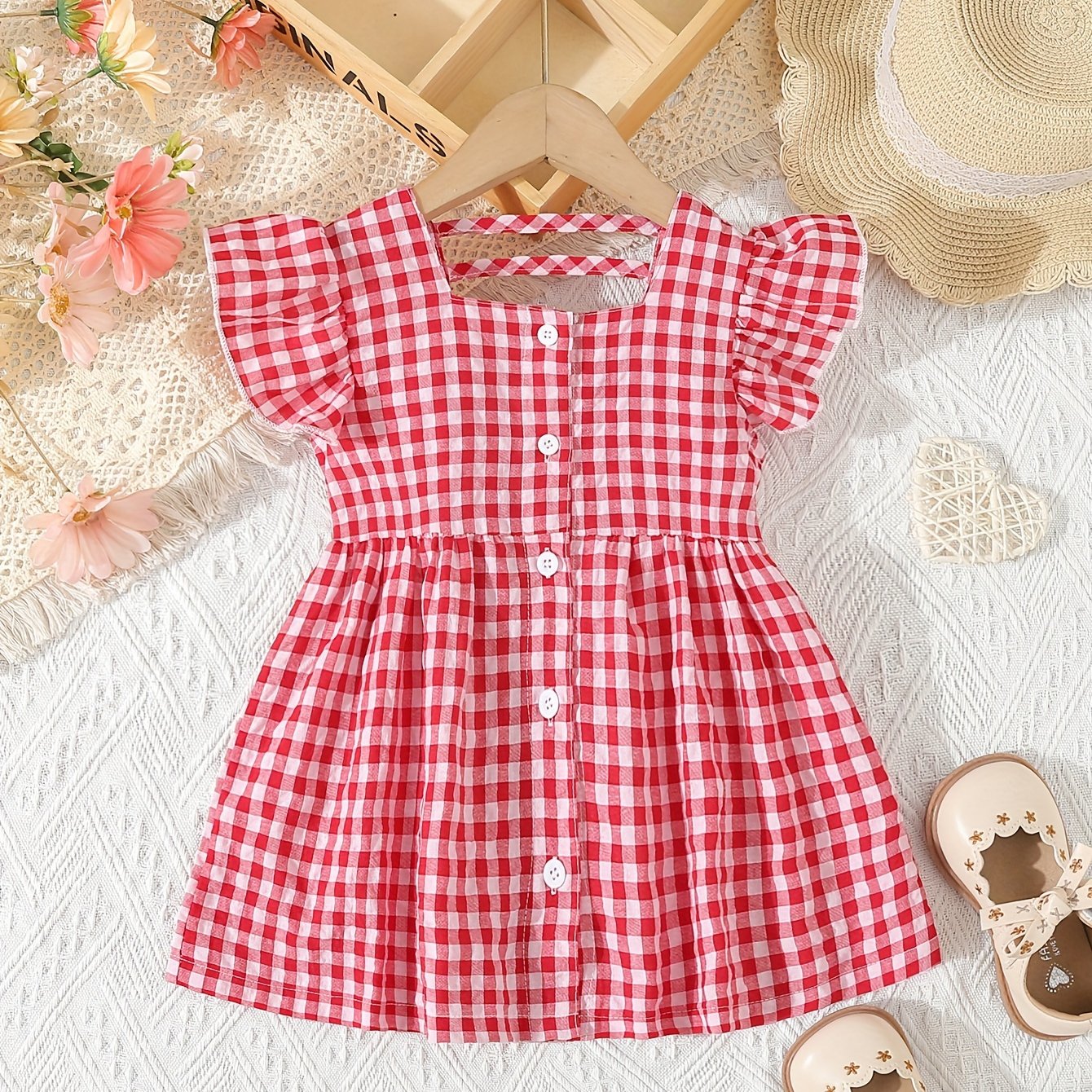 Girls Charming Gingham Ruffle Sleeve Dress Shirt - Fashionable Square Neck, Lettuce Trim, Non-Stretch Woven Fabric, Machine Washable, Perfect for Summer Picnic Outfits and Casual Occasions