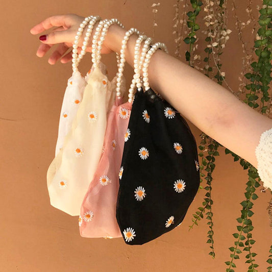 benpaolv Mesh Daisy Pattern Bag Pearl Handle