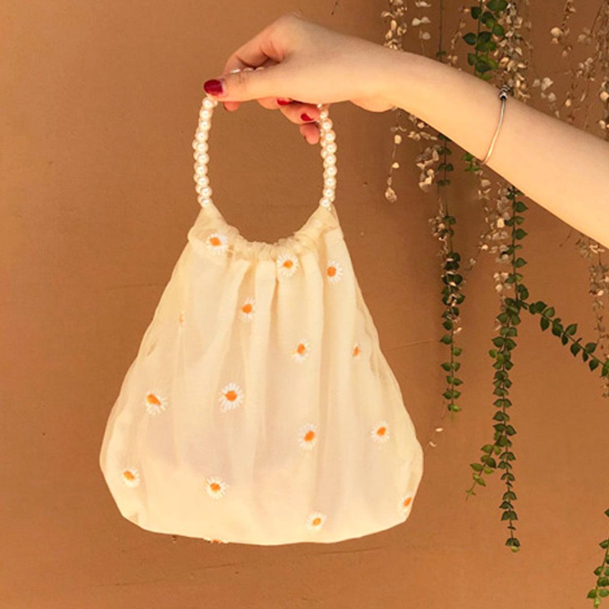 benpaolv Mesh Daisy Pattern Bag Pearl Handle