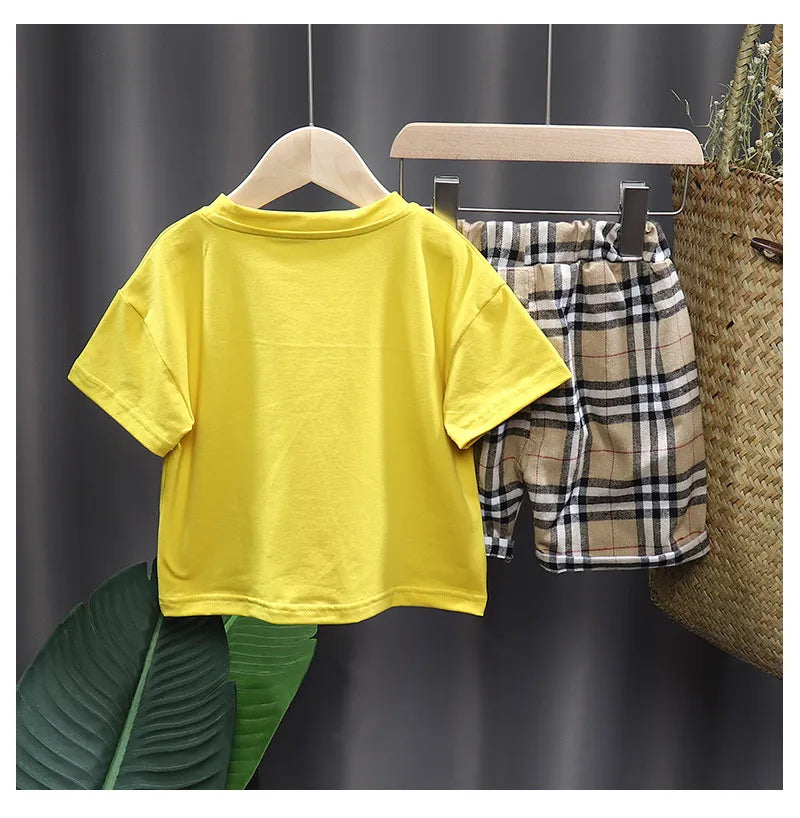 Non-Bran-D No Correct Letters Infant Baby T-Shirts Tops Shorts Clothes Set New Boys Short Sleeve Plaid Children's Sets