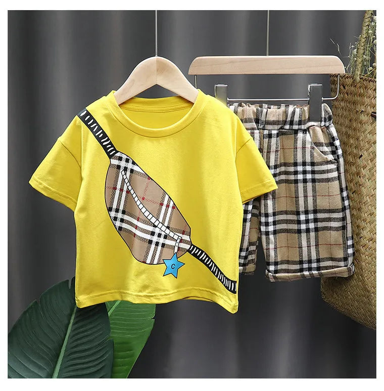 Non-Bran-D No Correct Letters Infant Baby T-Shirts Tops Shorts Clothes Set New Boys Short Sleeve Plaid Children's Sets