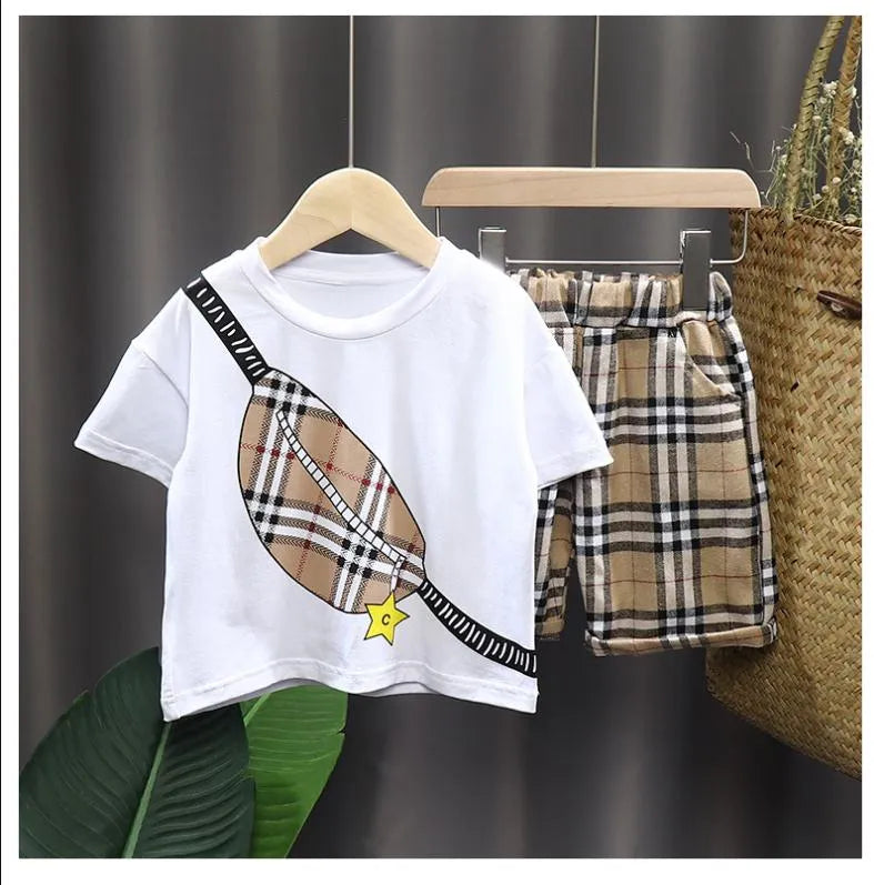 Non-Bran-D No Correct Letters Infant Baby T-Shirts Tops Shorts Clothes Set New Boys Short Sleeve Plaid Children's Sets