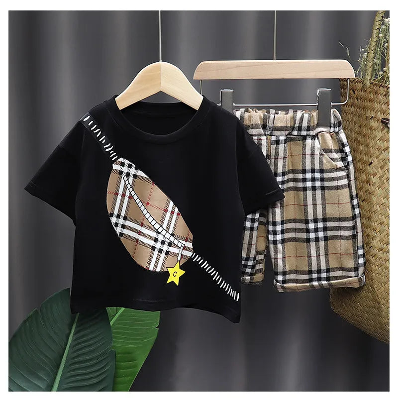 Non-Bran-D No Correct Letters Infant Baby T-Shirts Tops Shorts Clothes Set New Boys Short Sleeve Plaid Children's Sets