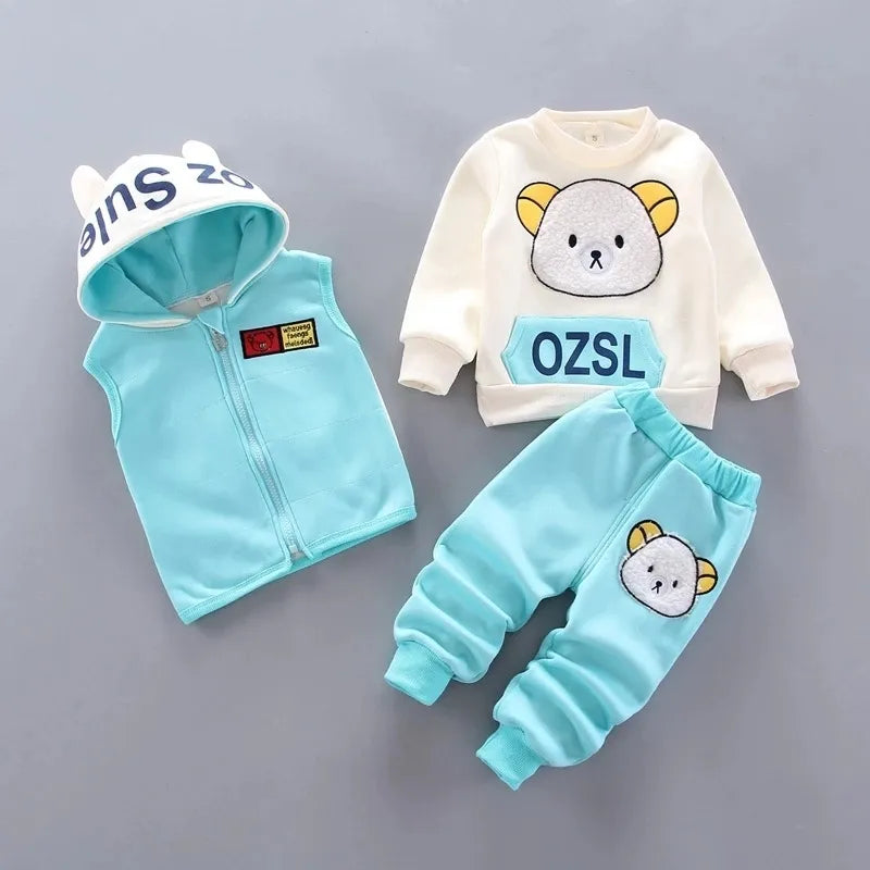 Children Clothes Autumn Winter Wool Toddler Boys Clothes Set Cotton Tops+Vest+Pants 3pcs Kids Sports Suit For Baby Boys Clothes 201127