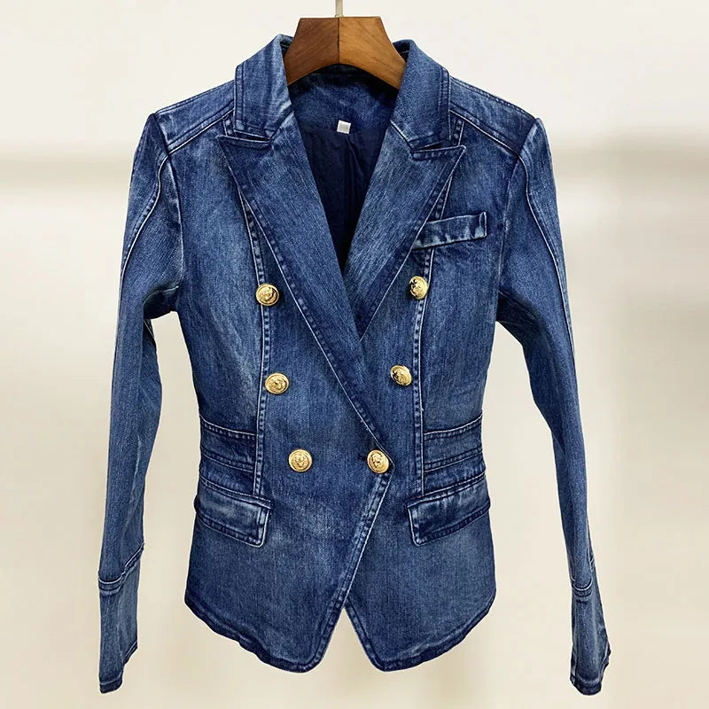 w027 High Profile Suit Women's Modern banquet Cocktail Party Designer Blazer Jacket Metal Lion Buttons Double Breasted Denim Outwear Coat