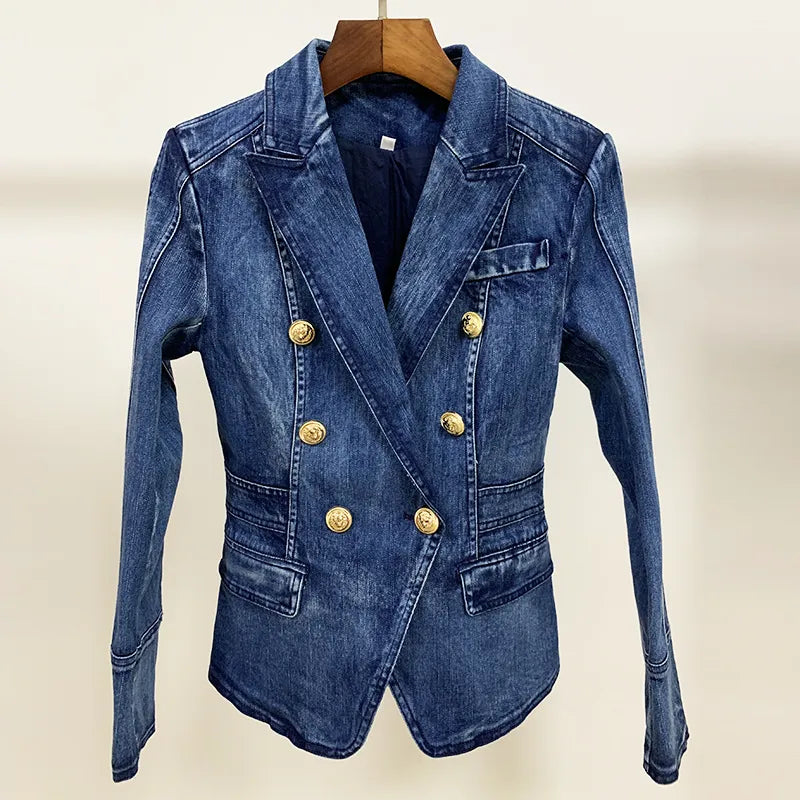 w027 High Profile Suit Women's Modern banquet Cocktail Party Designer Blazer Jacket Metal Lion Buttons Double Breasted Denim Outwear Coat