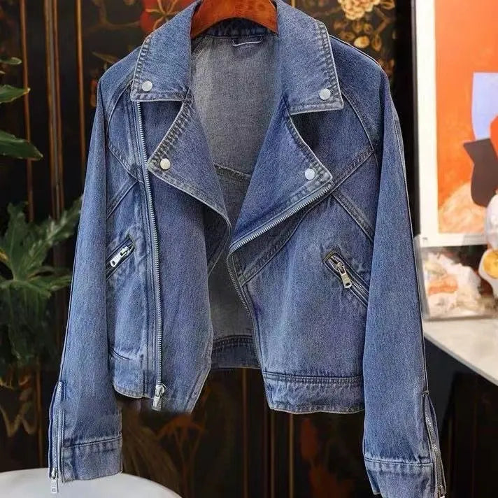 WT131-Women's Jackets brand Designer Womens Jeans Jackets Large lapel zipper long sleeve biker style jean short jacket jacket for women