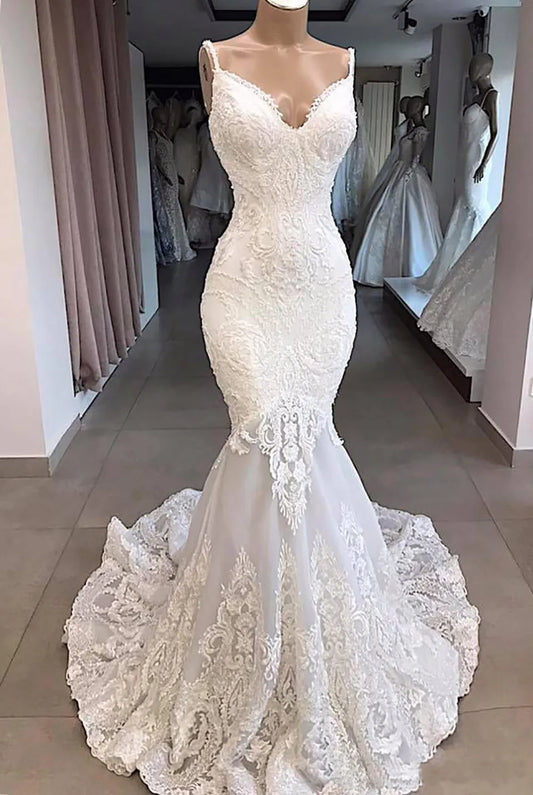 Vintage Spaghetti Strips Mermaid Slim Lace Appliques Wedding Dress Backless Custom Bridal Gowns Formal Vestidos De Marriage Long Garden