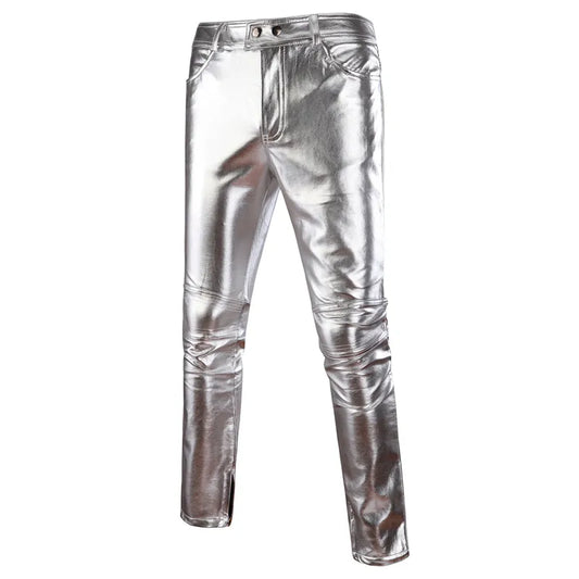 Styles Mens Skinny Shiny Gold Silver Black PU Leather Pants Motorcycle Men Nightclub Stage Pants for Singers Dancers Casual Trou