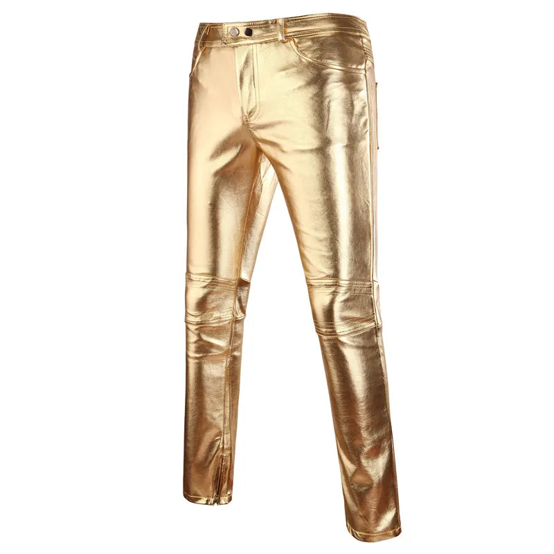 Styles Mens Skinny Shiny Gold Silver Black PU Leather Pants Motorcycle Men Nightclub Stage Pants for Singers Dancers Casual Trou