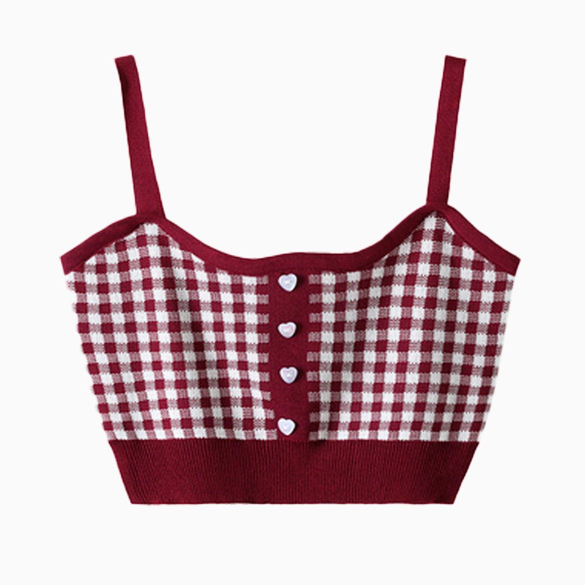 benpaolv Short Knitted Plaid Crop Top Heart Buttons