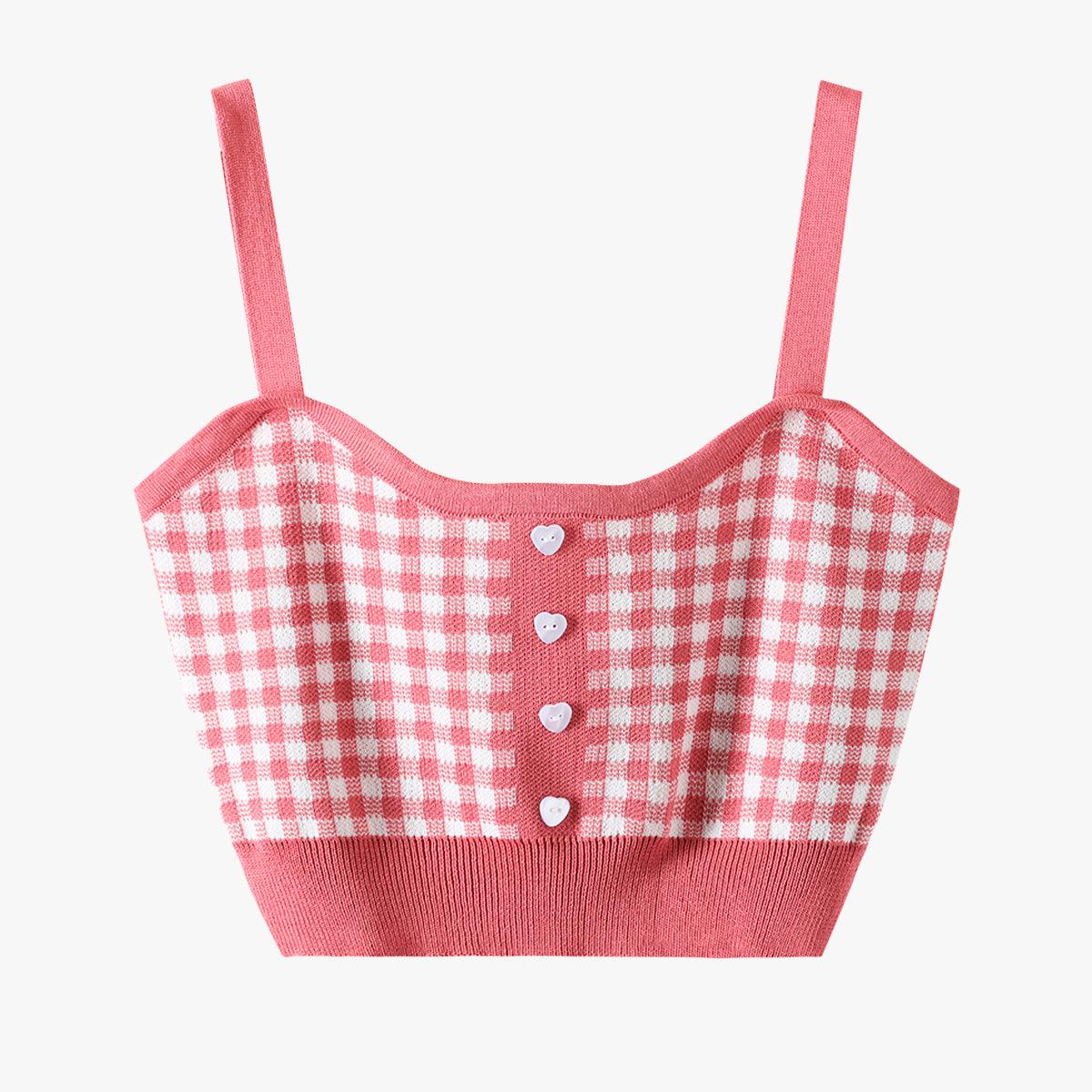 benpaolv Short Knitted Plaid Crop Top Heart Buttons