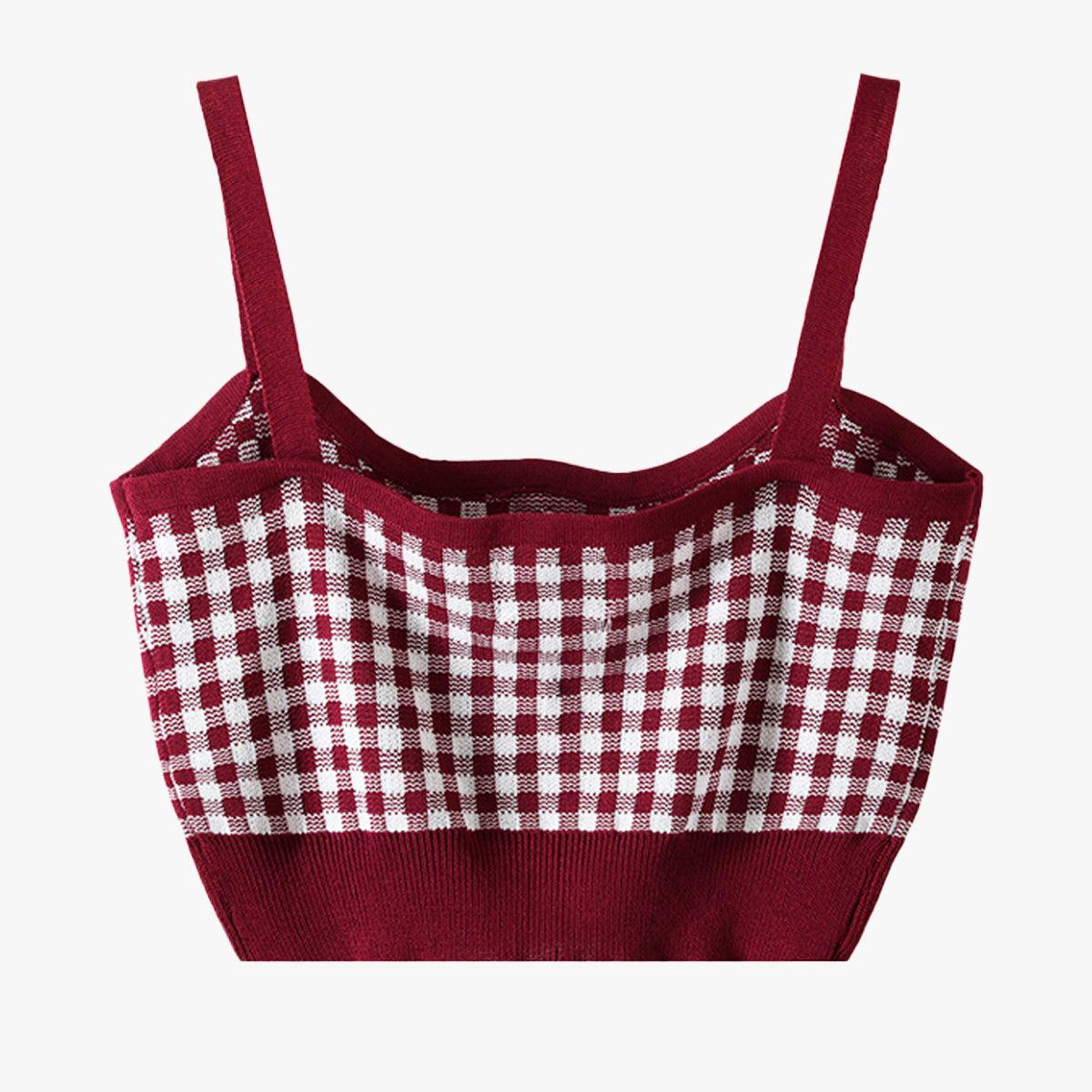 benpaolv Short Knitted Plaid Crop Top Heart Buttons