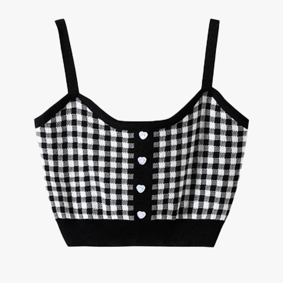 benpaolv Short Knitted Plaid Crop Top Heart Buttons