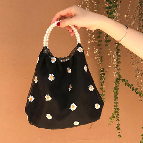 benpaolv Mesh Daisy Pattern Bag Pearl Handle